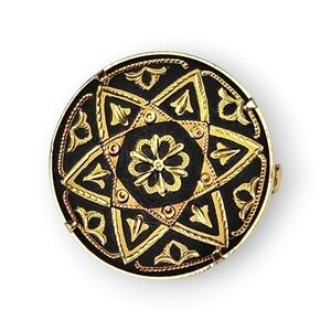 Vintage Floral Star Brooch Damascene Toledo Ware Black Enamel Gold Plated Round